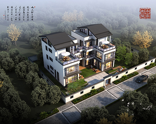 瀏陽市現(xiàn)代新中式/大玻璃全景窗/兄弟雙拼合院式三層別墅案例